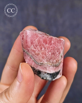 A hand holding a Rhodochrosite part polished freeform from Argentina