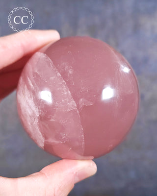A hand holding a Rose Quartz sphere from Madagascar