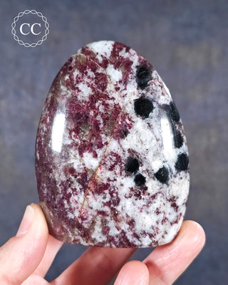 A hand holding a Rubellite Pink Tourmaline Freeform from Madagascar