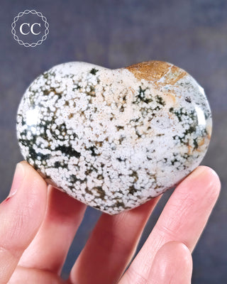A hand holding a Sea Jasper Heart from Madagascar