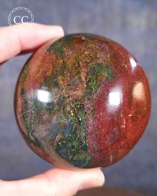 A hand holding a Sea Jasper Sphere from Madagascar