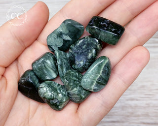 Seraphinite tumbled crystals in hand