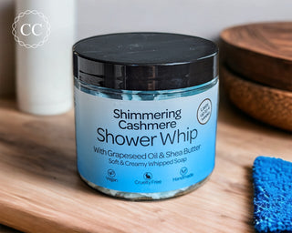 Shimmering Cashmere Whipped Soap on bathroom counter