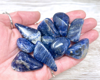 A hand holding a selection of Sodalite tumbled crystals 