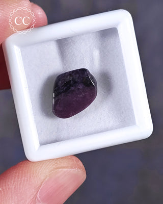 A white 3cm by 3cm Gem pot showcasing apolished example of Sugilite from South Africa