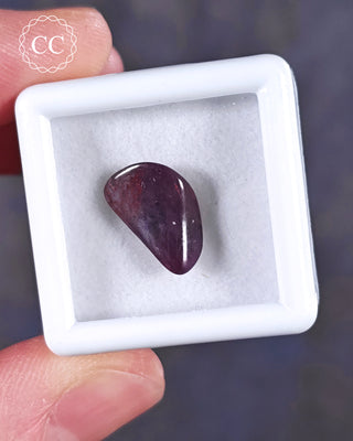 A white 3cm by 3cm Gem pot showcasing apolished example of Sugilite from South Africa