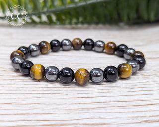 Tigers Eye, Obsidian & Hematite 8mm Beaded Bracelet on white background