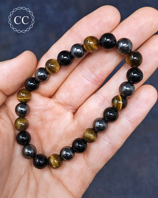 Tigers Eye, Obsidian & Hematite 8mm Beaded Bracelet