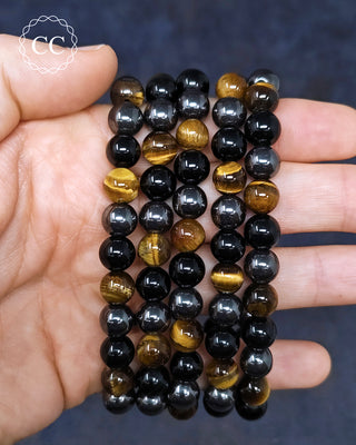 Tigers Eye, Obsidian & Hematite 8mm Beaded Bracelet
