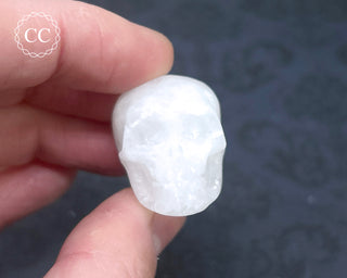 Fingers holding a White Calcite Skull Carving