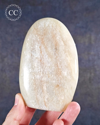A hand holding a White Moonstone Freeform from Madagascar 