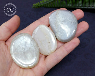 White Moonstone Palm Stones in hand