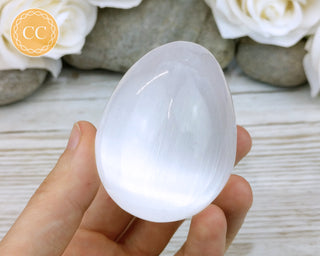 Large Satin Spar (Selenite) Egg in hand