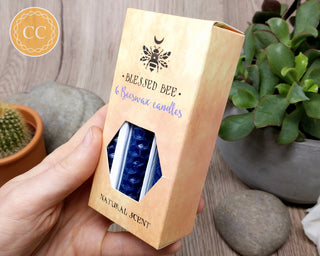 Dark Blue Beeswax Candle Box of 6 in hand