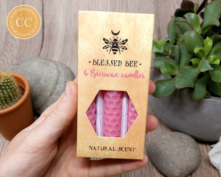 Pink Beeswax Candles Box of 6 in hand