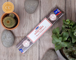 Satya Good Vibes Incense sticks on wooden background